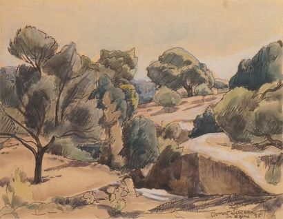null CLÉMENT-SERVEAU - 1886-1972 LANDSCAPE OF STRIKE NEAR AEGIN, 1935 Watercolour...