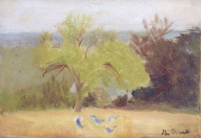 null Marthe ORANT - 1874-1957 POULES DANS LE CHAMPS Oil on panel signed lower right...