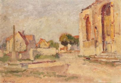 null Abel LAUVRAY – 1870-1950 L’ÉGLISE DU VILLAGE Huile sur panneau signée en bas...