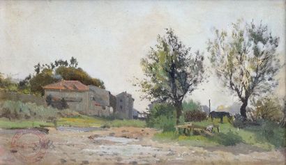 null Edmond PETITJEAN – 1844-1925 L’ENTRÉE DU VILLAGE Huile sur panneau. 19 x 31