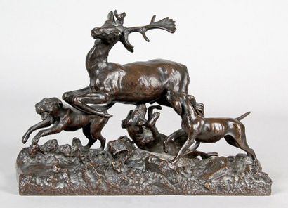 null Christophe FRATIN - 1801-1864 CERF ATTACKED BY THREE DOGS Bronze group with...