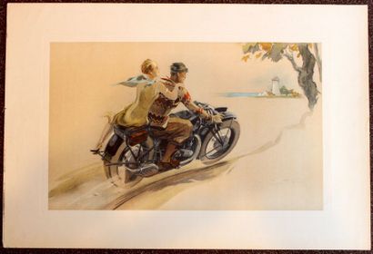 null Géo Ham (Georges Hammel 1900-1972) Couple à moto Lithographie signée en bas...