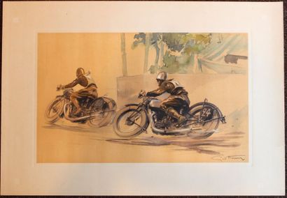 null Géo Ham (Georges Hammel 1900-1972) Peloton de motards Lithographie signée en...