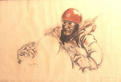 null Géo Ham ( Georges Hamel 1900-1972) Pilote au casque rouge Lithographie signée...