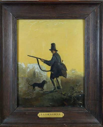 null Leonard GOETGEBUER (1804-1878) Le chasseur et son chien Huile sur panneau Signée...