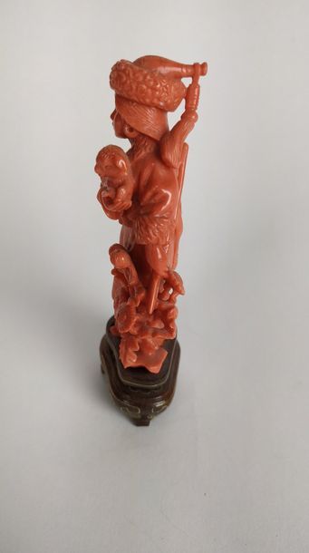 null CHINE Enfant au lapin en corail sculpté. Socle bois. XXème siècle Haut : 8 ...