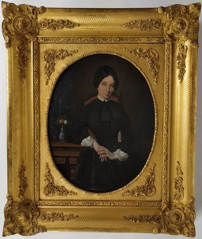 null Eugène LEGÉNISEL (c.1819-1855) Dame de qualité accoudée à une table Huile sur...