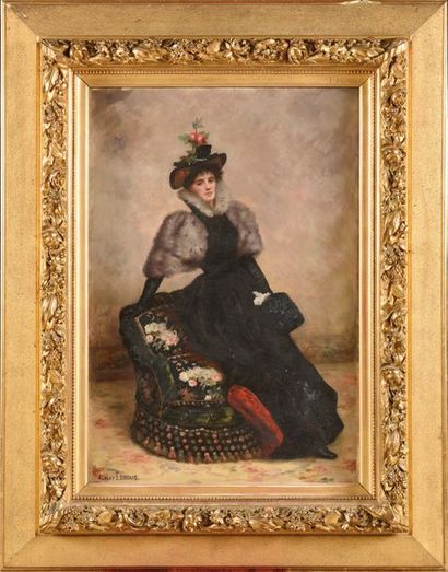 null Albert EDOUARD (1845 - ? ) Dame de qualité au chapeau de fleurs Huile sur toile...