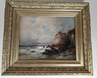null Alfred GODCHAUX (1835-1895) Les Vagues contre la falaise Huile sur toile signée...