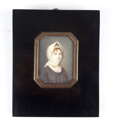 null ECOLE FRANCAISE du XIXème siècle Buste de femme au fichu blanc sur la tête Miniature...