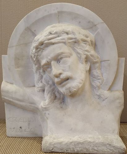 null Louis-Albert CARVIN (1860-1951) Christ auréolé Sculpture en marbre blanc XXème...