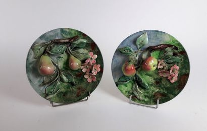 null PAIRE DE PLATS en barbotine à décor de fruits. Fin XIXème siècle Diam : 26 cm...