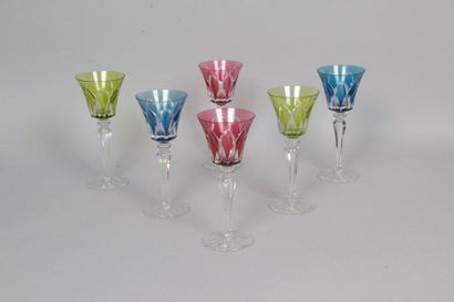 null SAINT LOUIS, model Camargue SIX WINE GLASSES OF RHINE of yellow, red, blue color....