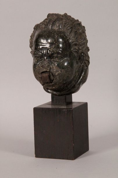 null PUTTI'S HEAD, Probably 18th century, in green marble on wooden base. H:32 c...