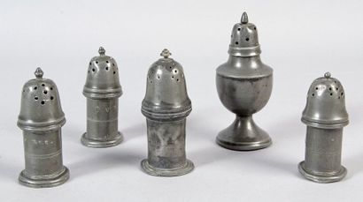 null FOUR CYLINDER SAUPOUDROIRS and ONE BALUSTER SAUPOUDROIR in pewter from the 18th...