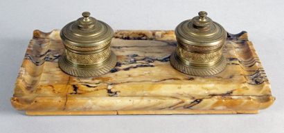 null INK with two brass guilloché cups with interlacing and rosettes of the Restoration...