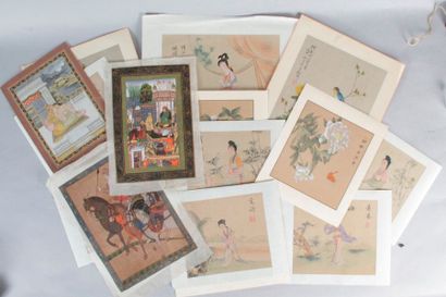 null LOT OF 16 PAINTINGS ON CHINESE SILK, Calligraphy flowers, landscapes, insects...