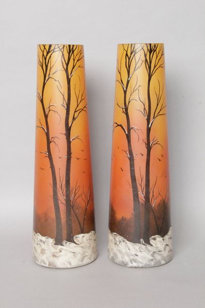 null LEGRAS in Saint-Denis. Pair of vases with enamelled decoration of snow landscape...