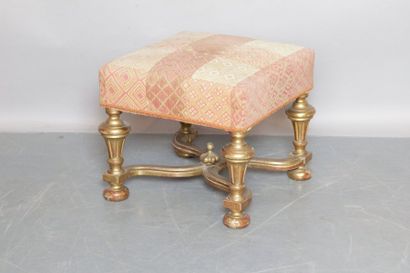 null Square gilded wooden table with baluster legs joined by an X-shaped spacer and...