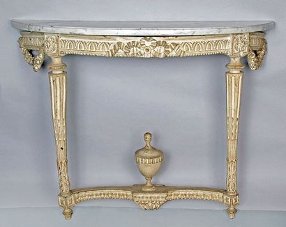 null A Louis XVI period half-lunar white lacquered carved oak console with ribbon...