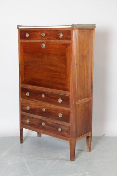 null SECRETARY with moulded mahogany flap and brass rods, opening to one drawer,...
