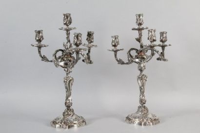 null Pair of silver plated metal candelabra in the Louis XV style with four light...