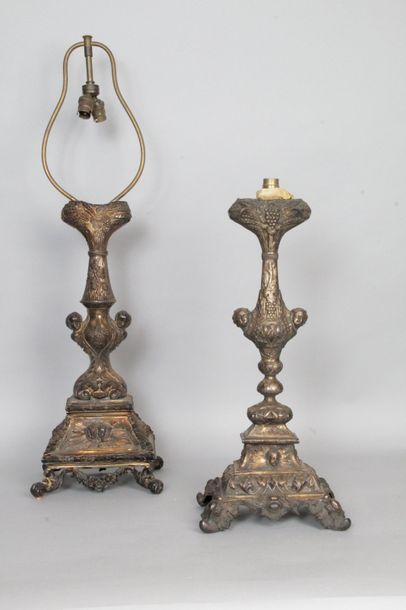TWO MOUNTINGS OF AUTEL CANDELABRES In embossed...
