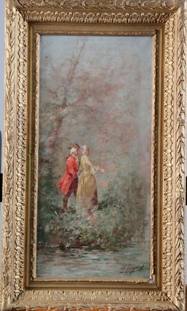 null Eugène APPERT (1814-1867), "Scène galante à la pêche à la ligne" Oil on canvas...