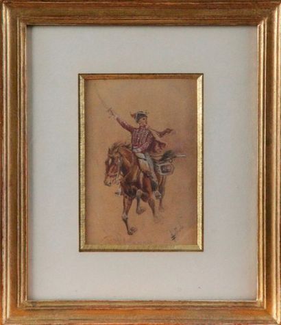 null School of the XIX century " The hussar" Watercolor signed lower left 13 x 9...