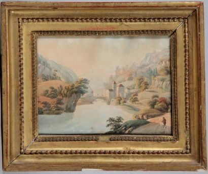 null 19th century SCHOOL Mountain lake landscape, Indian ink and watercolour. 11.5...