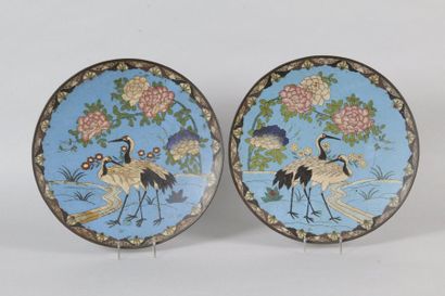 null PAIR OF Dishes in cloisonné enamels. Restoration on the black backgrounds.
