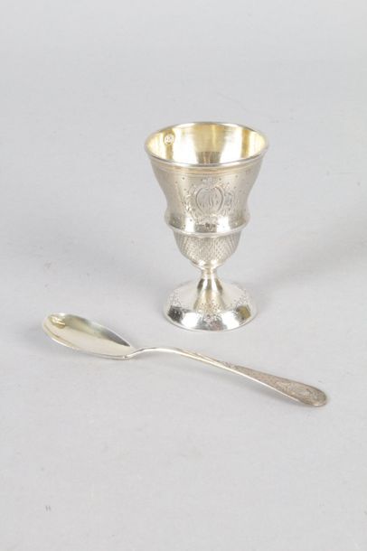 null SHEET AND SPOON in silver with guilloche decoration and monogrammed cartridge,...