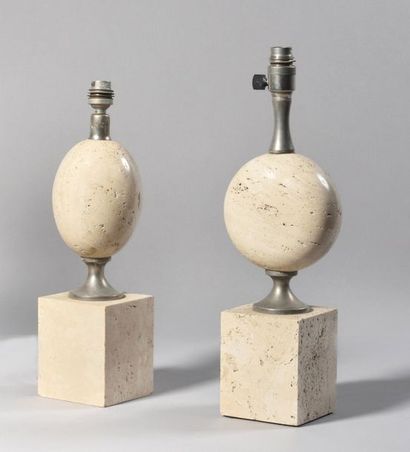 null MAISON BARBIER Two lamps in travertine and chromed metal, one ovoid, the other...