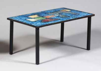 null WORK OF THE 1960's Coffee table with rectangular resin top with abstract polychrome...