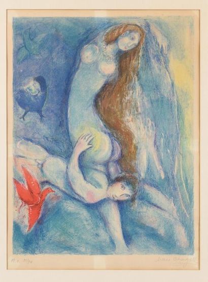 null MARC CHAGALL (1887-1985) Couple sur fond bleu, planche 3 des contes des Mille...