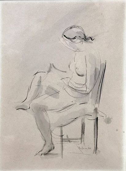 null PAUL BELMONDO (1898-1982) Sitting woman reading Ink drawing Signed lower right...
