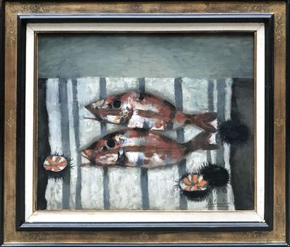 null EUGENE BABOULENE (1905-1994) Deux poissons Huile sur toile Signé en bas à droite...