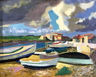 null LOUIS BERTHOMME SAINT-ANDRE (1905-1977) Chenal à marée basse, 1948 Huile sur...