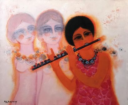 null FREDERIC MENGUY (1927-2007) Le trio musical à la flûte Huile sur toile Signé...
