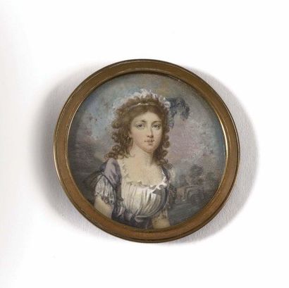 null Ecole française du XVIIIe siècle. Portrait d’une jeune demoiselle en robe blanche...