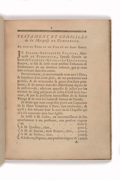 null POMPADOUR (Jeanne-Antoinette Poisson, marquise de). Testament et codiciles de...