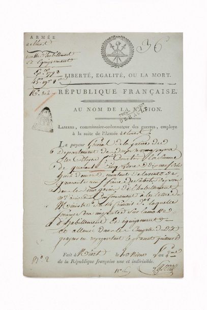 null [ARMÉE de l’OUEST] P.S.. Niort, 20 nivôse an 2e, 9 janvier 1794. 1 pp. in-folio,...