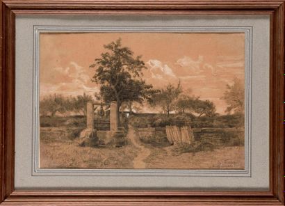 null Eugène-Antoine-Samuel LAVIEILLE (1820 - 1889) Paysage au puits Fusain estompé...