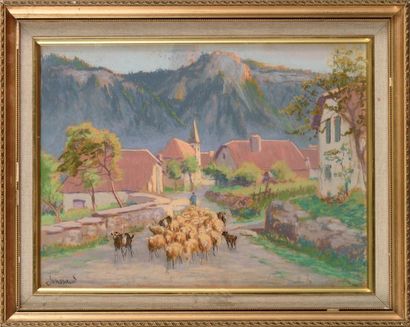 null Mathurin JANSSAUD (1857-1940) Le retour du troupeau Pastel Signé en bas à gauche...