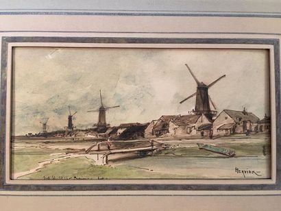 null Adolphe HERVIER (1818-1879) Paysage aux moulins Plume et encre brune, aquarelle...