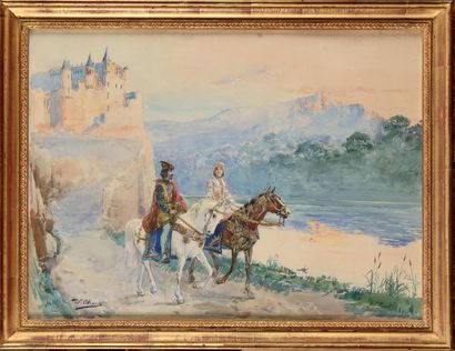 null Ulpiano CHECA Y SANZ (1860-1916) Cavaliers à la sortie du château Aquarelle...
