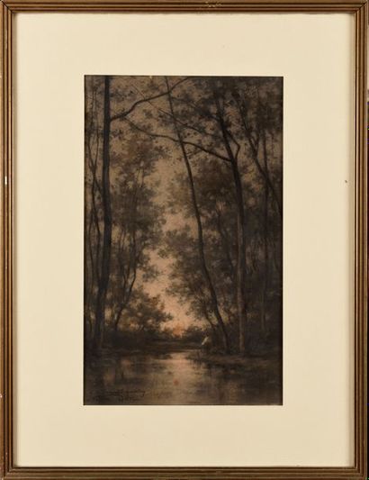 null Achille DIEN (1832-?) Pêcheur au bord de rivière Fusain sur papier Signé et...