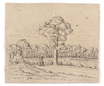 null Léon-Germain PELOUSE (1838-1891) Paysage aux deux paysannes Lavis sur carton...
