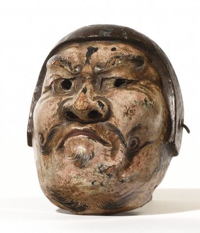 null Japon Petit masque miniature en bois sculpté polychrome à la manière du théâtre...