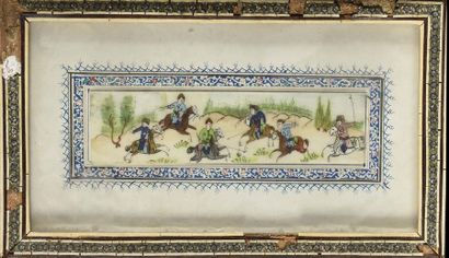 null PERSE or INDIA Six miniatures on ivory painted with hunting scenes. Frames in...